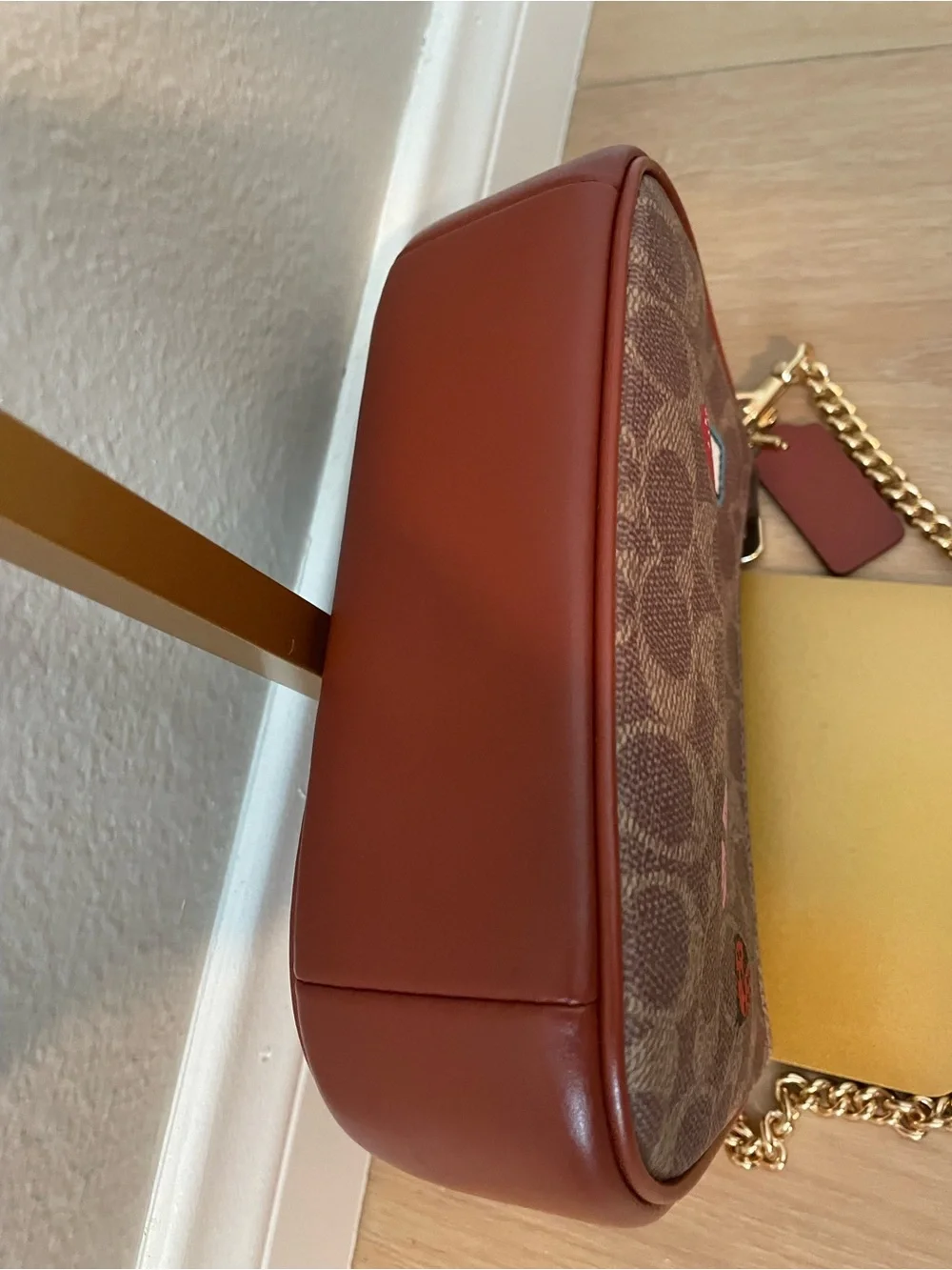 Coach CW321 Teri Mini Rexy Sticker Signature Crossbody Gold Chain Tan Multi